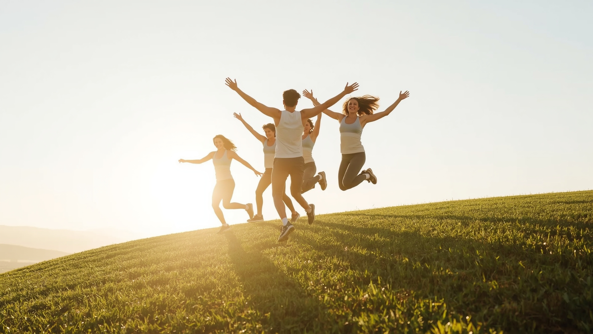 Pessoas felizes e energéticas pulando em uma colina verde ao nascer do sol, simbolizando emagrecimento saudável e bem-estar.