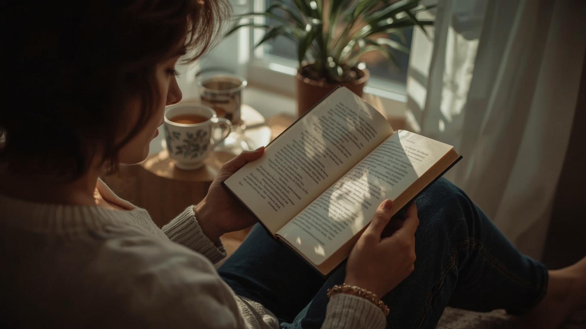 Como Criar o Hábito da Leitura em 21 Dias (Mesmo Se Você Não Tem Tempo): Pessoa lendo um livro em um ambiente aconchegante, transmitindo paz e concentração.