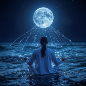 Pessoa meditando sob a Lua Cheia, conectada às marés do oceano, simbolizando intuição e fluxo emocional.