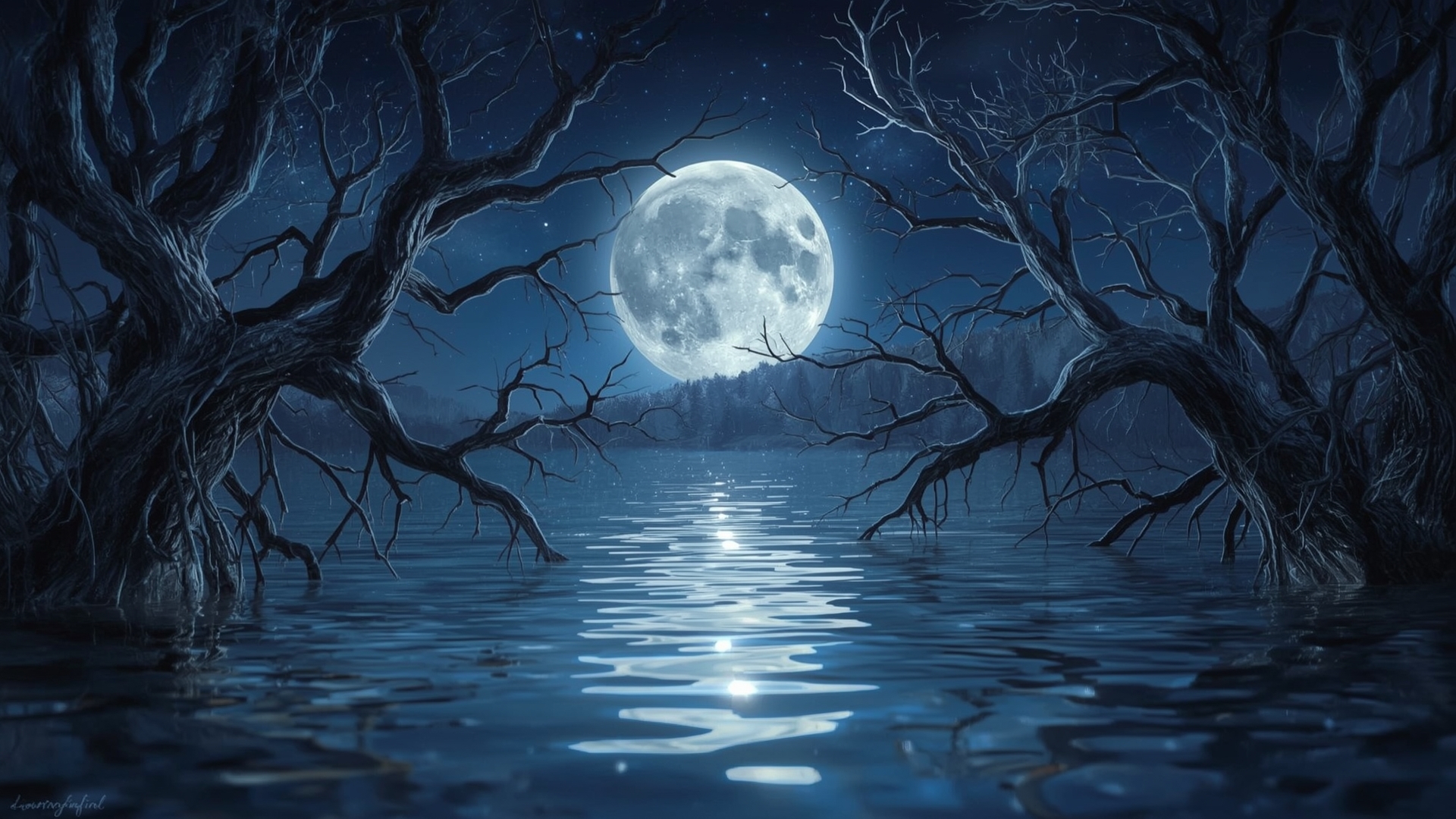 Lua Cheia mística refletida na água, árvores antigas, energia de renovação e manifestação.