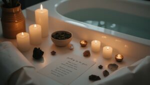 Espaço de ritual simples sob a Lua Cheia com velas, cristais e intenções escritas.