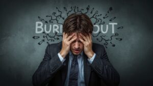 Pessoa com sinais de exaustão e burnout no trabalho, buscando ajuda e recuperação.